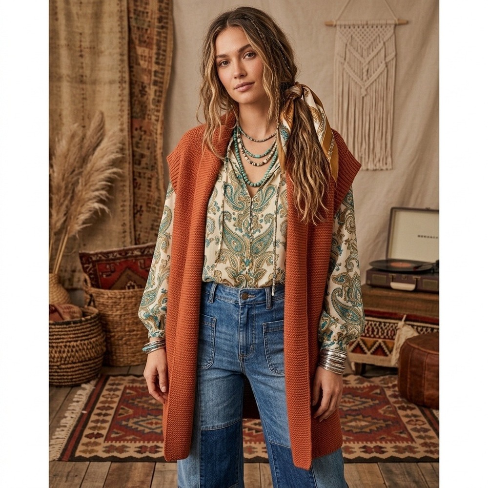 J. Jill 70s Hippie Boho‎ Textured Knit Gillet Vest Tamarind Rust Sz. S Petite